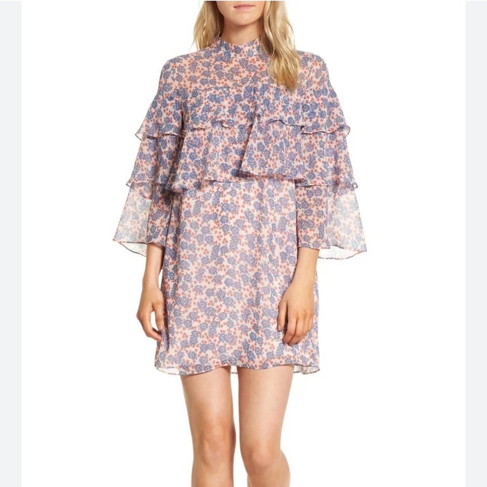 Rebecca Minkoff Pink Blue Floral Ruffle Short Mini Dress Mock Neck Chiffon Small